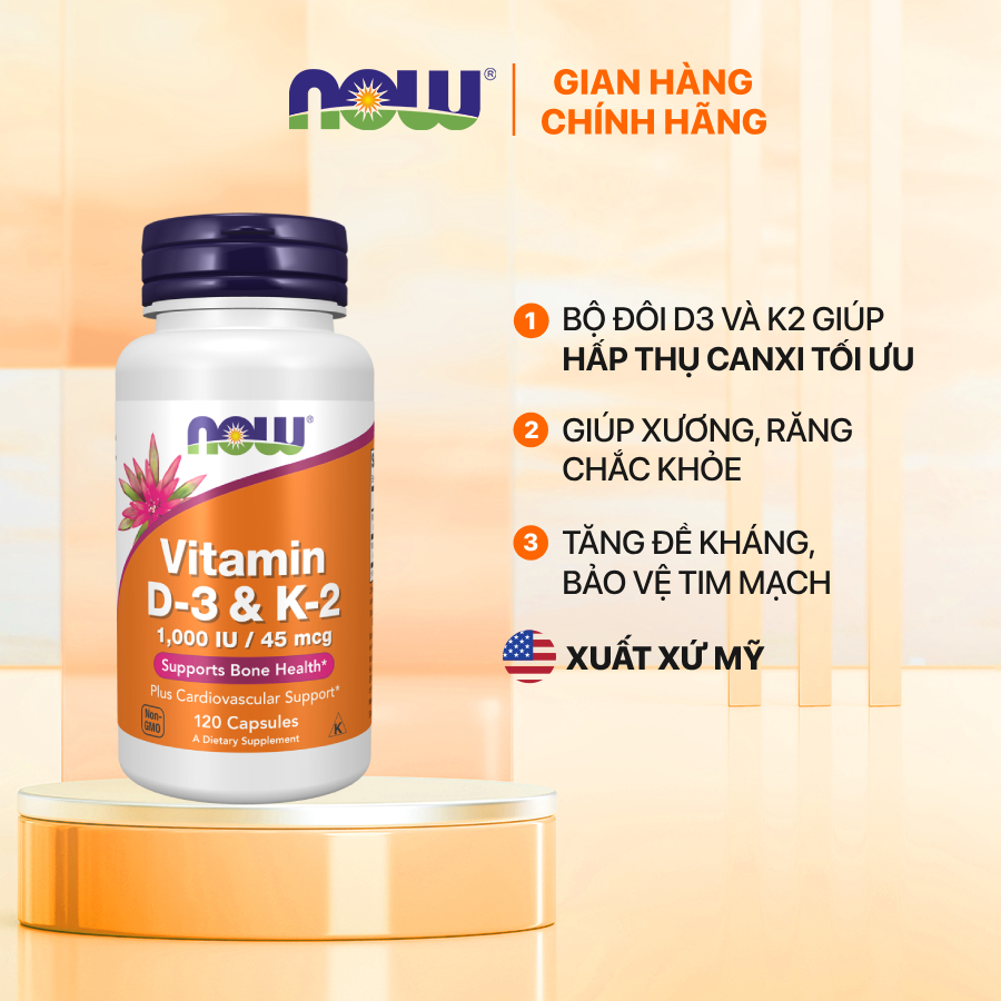 Viên uống Vitamin D3 K2 Now 1000IU / 45mcg (120 viên) giúp xương, răng chắc khỏe, tăng đề kháng