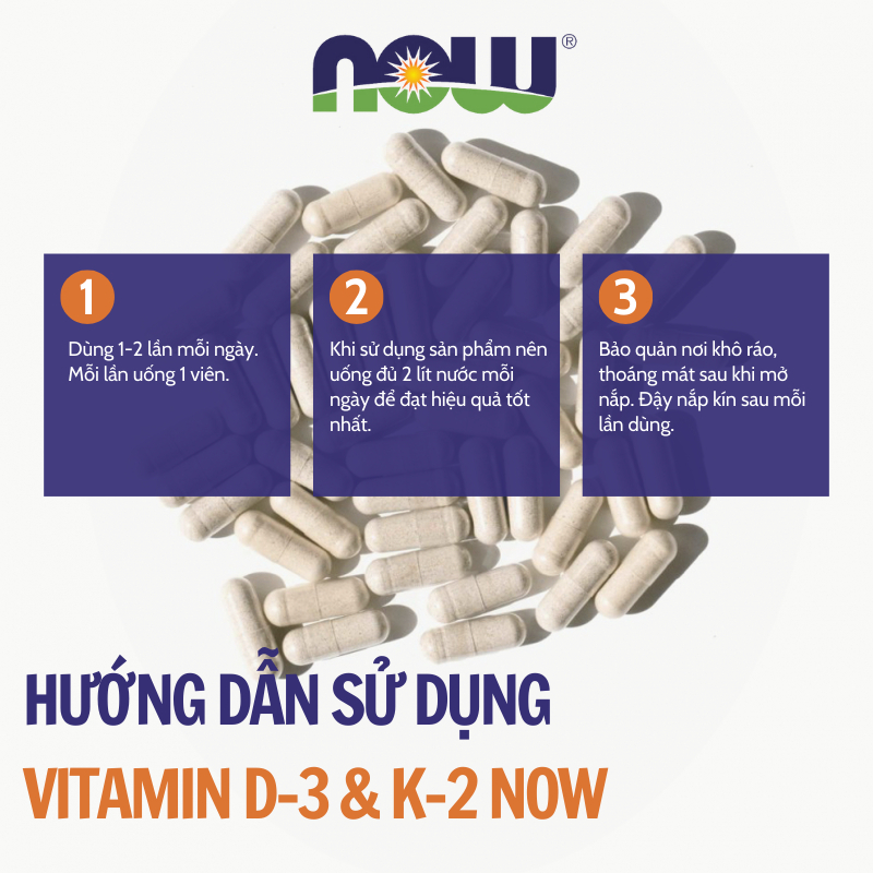 Viên uống Vitamin D3 K2 Now 1000IU / 45mcg (120 viên) giúp xương, răng chắc khỏe, tăng đề kháng