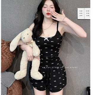 Bộ quần áo 2 dây dành cho nữ in họa tiết NƠ GIỮA NGỰC phong cách Hàn Quốc M1501