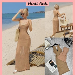 Set Nâu Tây Diện Biển Váy Quây Ôm Body Có Mút Ngực Mix Đầm 3 Ba Lỗ Ren Lưới Sát Nách Freesize