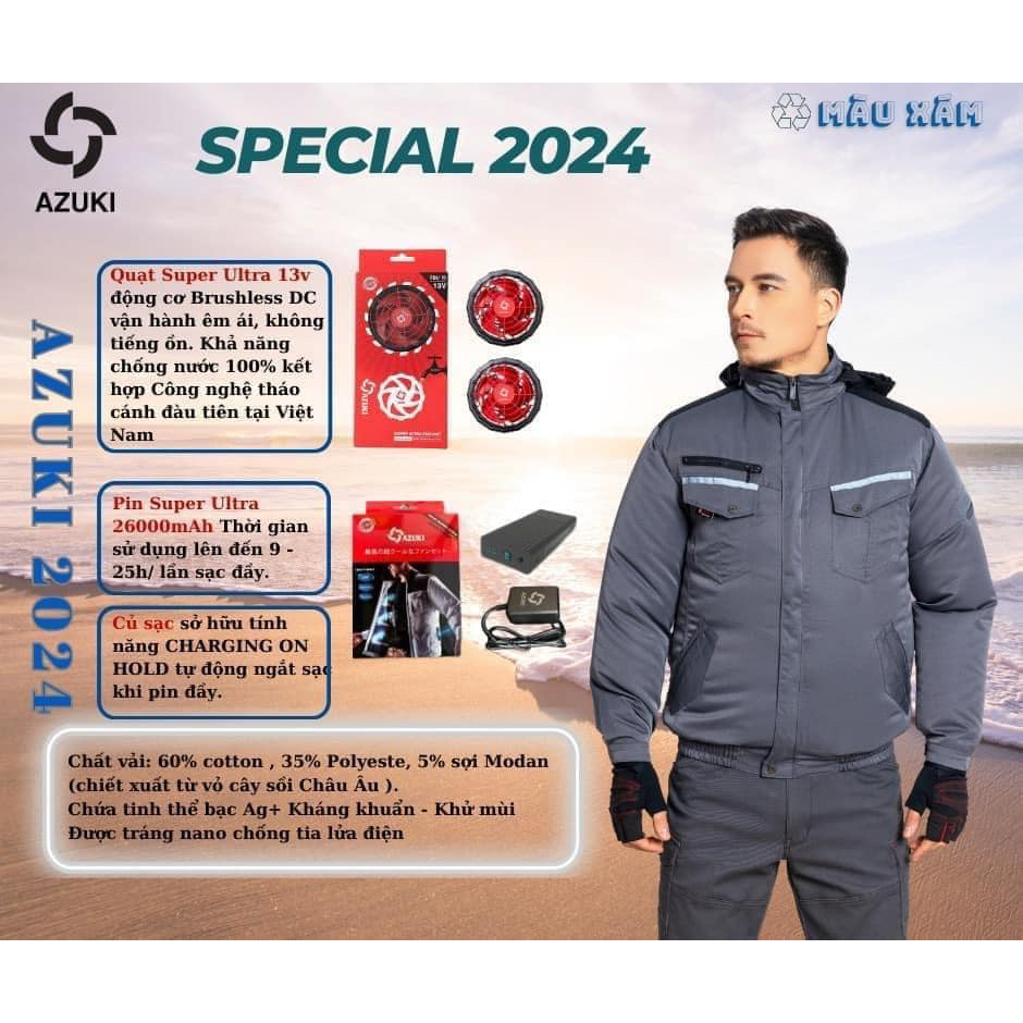 [Chính Hãng] Áo Điều Hoà Azuki Nhật Bản Super Ultra 2023, Pin 26.000Mah,Quạt 13V