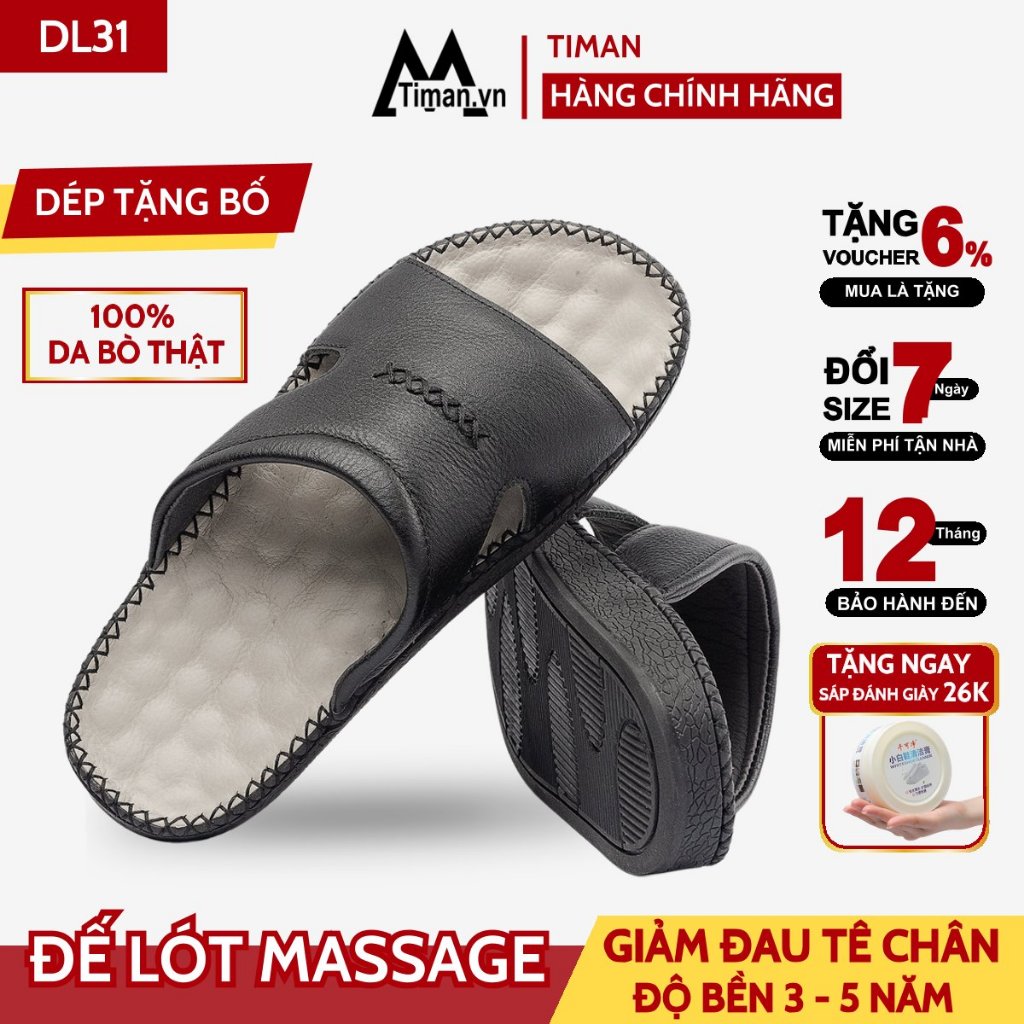 Dép nam quai ngang da bò mềm 2 lớp dép bánh mì quai khâu đế đúc cao su nguyên khối BH 1 năm DL31 Timan