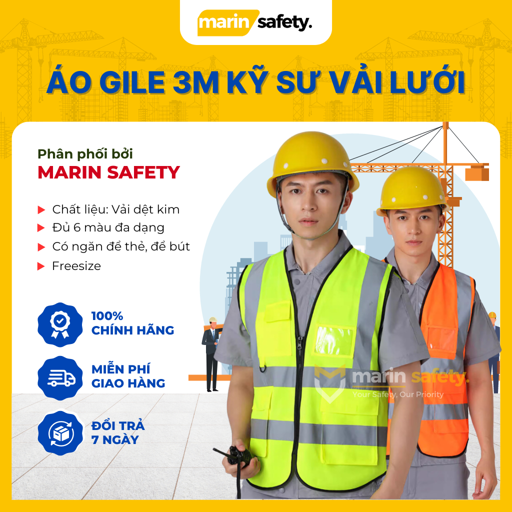 Áo gile vải lưới TQ có túi hộp, phản quang 5cm, khoá kéo cho kĩ sư, công nhân (Freesize)