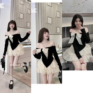 Set váy áo bẹt vai vai đính nơ vải vạc nhọn màu đen kèm chân váy voan tầng lưng thun có quần trong màu kem form 38-54kg
