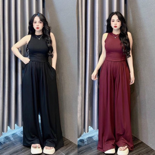 Set áo ba lỗ chất vải thun đũa co dãn phối quần suông lưng thun dài xếp ly có túi form 38-54kg 