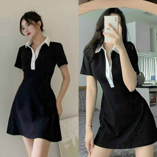 Đầm thun tăm co dãn form chữ A tay ngắn cổ bẻ trắng dáng mini trên gối form 38-54kg