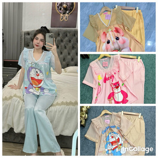 Bộ mặc nhà ,bộ tiểu thư tay ngắn voan cổ v phối ren quan dài phom 40/62kg chất lụa sướt