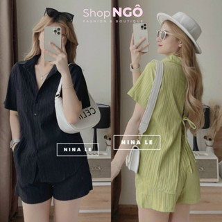 Set bộ ngắn tay đi biển,đi chơi,set sơ mi đùi áo xẻ lưng cột nơ sau, bộ đùi basic hở lưng cá tính chất nổi 4 MÀU hot hot