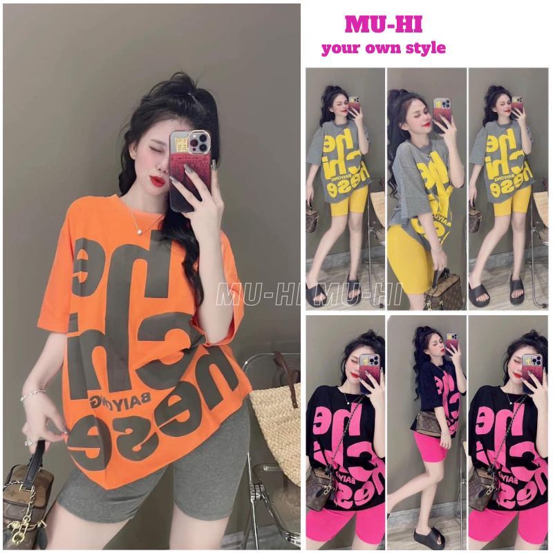 Set thun nữ, áo cộc tay in chữ phối cùng quần lửng, bộ đồ mặc nhà nổi bật màu sắc tươi sáng - MUHI BNN09