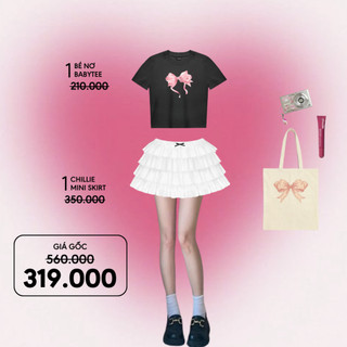  Mua 1 Áo Babytee Bé Nơ Hồng Đen và 1 Chân váy Chillie Trắng Kill System