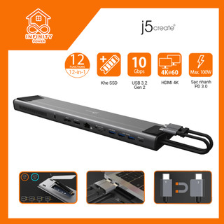 Hub/Dock 12in1 J5create JCD 552 Hỗ Trợ Khe Gắn SSD, 2 Màn Hình 4K Cho Macbook/WinDow |Hàng Chính Hãng|
