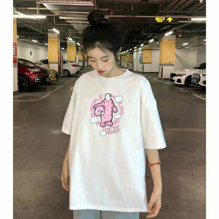 Áo thun tay lỡ unisex nam nữ gấu hồng