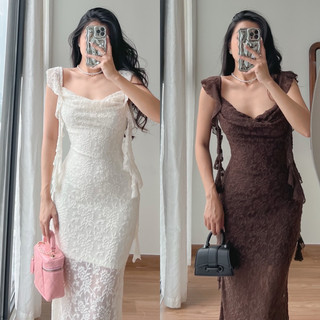 Đầm Maxi Ren Cổ Đổ Thướt Tha Tay Cánh Tiên Xinh Xắn Ôm Body Sexy