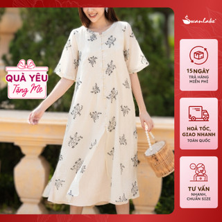  - Váy Đầm Trung Niên 2 Lớp Cổ Nẹp Đính Nút Bọc Chất Vải Đũi Cotton Thêu Họa Tiết Hoa Swanlake - D11030LW04