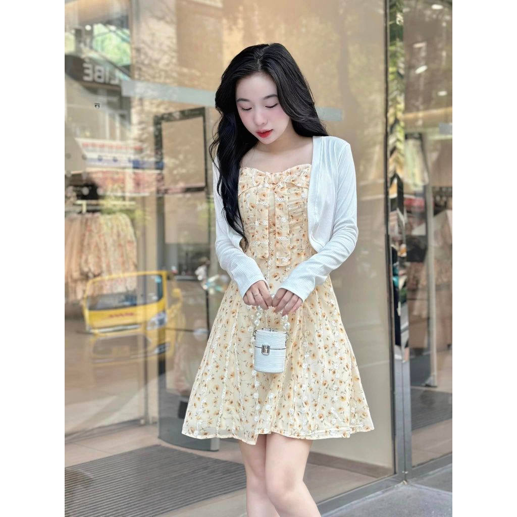 Set đầm 2 dây voan thêu hoa kèm khoác CHIBEST HSD44
