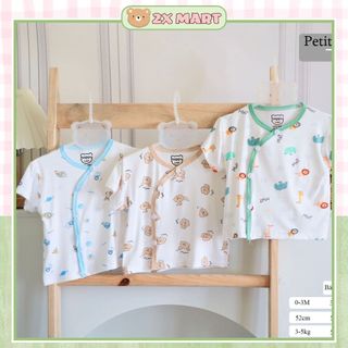 Áo sơ sinh cộc tay cho bé trai bé gái cotton vạt chéo trắng 2X MART