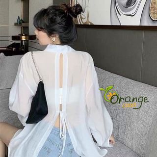 Áo Sơ Mi Xuyên Thấu, Áo Khoác Mỏng Chất Tơ Voan Dáng Dài Form Rộng Bồng Xẻ 2 Tà Cột Nơ Phong Cách Hàn Quốc Orangecloset