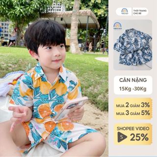 Bộ đồ đi biển bé trai 1-7 tuổi áo sơ mi quần đùi ngắn hoạ tiết hoa lá chất tơ đũi Magickids BR22005 Quần áo trẻ em