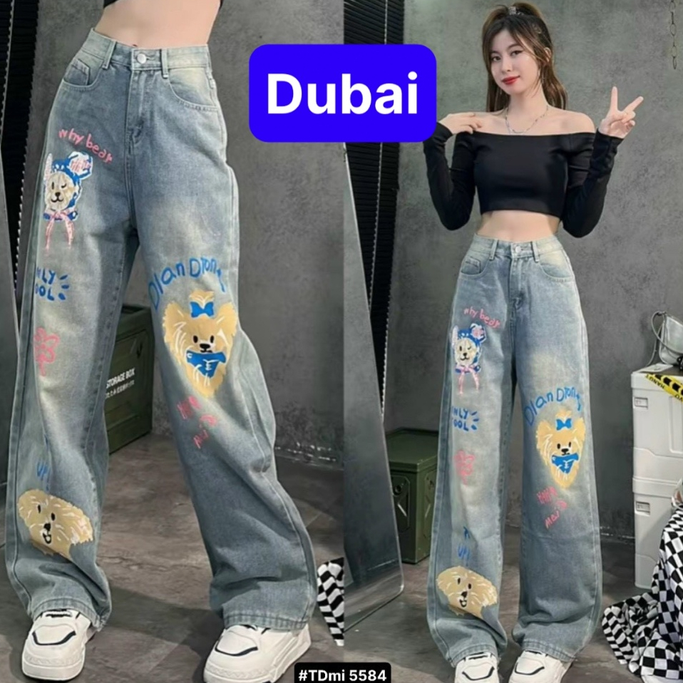QUẦN JEANS CHẤT BÒ ỐNG RỘNG NỮ LƯNG CẠP CAO IN HÌNH GẤU HOT TREND 2024 - DUBAI FASHION