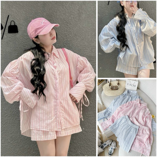 Set sơ mi kẻ sọc oversize + short