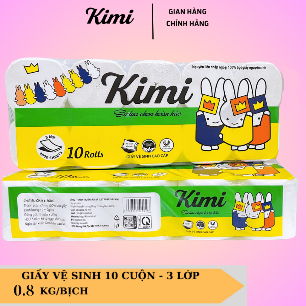 [ Combo 2 bịch ]Giấy Vệ Sinh Kimi Bịch 10 Cuộn 0.8 kg siêu dai, mềm mịn, không có chất tẩy trắng - 𝐊