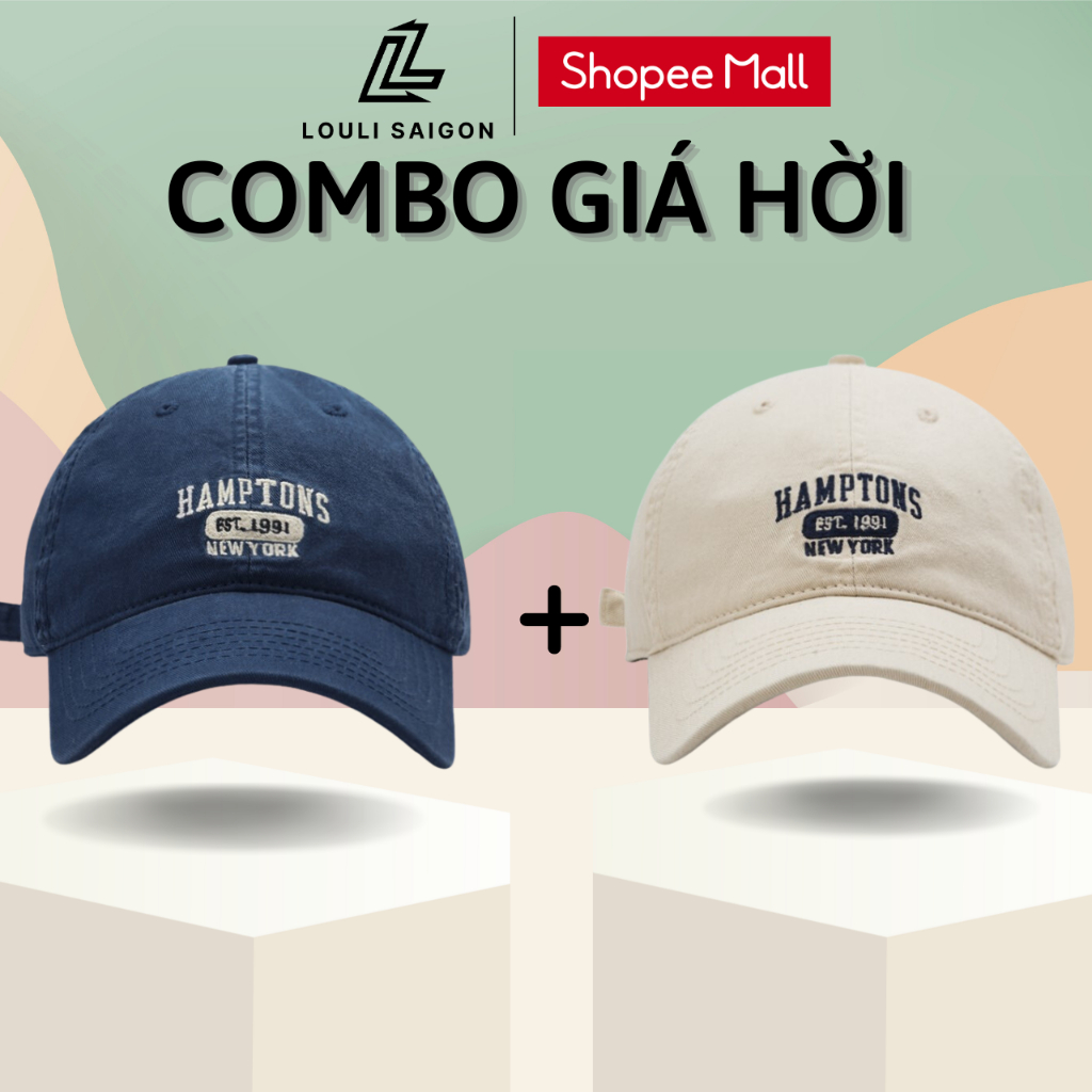 Combo 2 mũ lưỡi trai nam nữ LOULI SAIGON thêu chữ Hamptons, form mềm, chất liệu vải kaki cho nam nữ M35