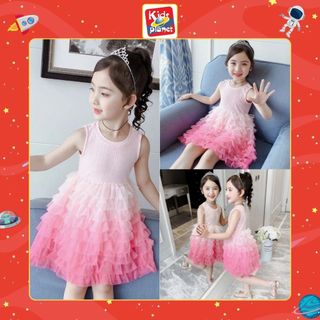 Váy ren hồng sát nách phối lưới nhiều tầng cho bé gái mặc xuân hè (N00656)