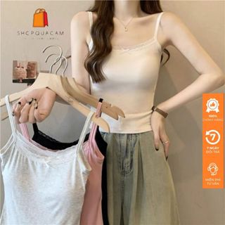 Áo 2 Dây Thun CÓ ĐỆM MÚT NGỰC, Áo Croptop Len Dệt Kim Viền Ren Nhỏ Phối Nơ Xinh 4 Màu Đơn Giản Mùa Hè Qccc Shopquacam