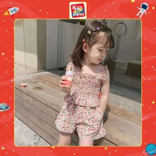 Set đồ quần cộc áo 2 dây hoạ tiết hoa nhí hồng cho bé gái (N00743)