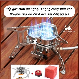 Bếp gas mini du lịch, dã ngoại, cắm trại gấp gọn 3 họng công xuất lớn kèm đầu chuyển đổi và hộp đựng