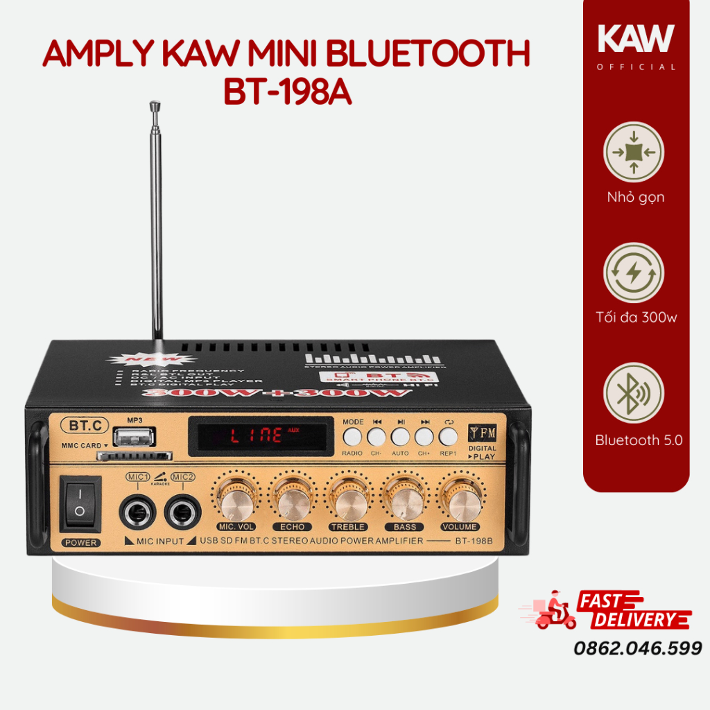 Amply KAW Mini Bluetooth BT-198B Công Suất 2 Kênh 600W, Có Echo Dễ Dàng Kết Nối Đa Thiết Bị, Hỗ Trợ Bluetooth 5.0