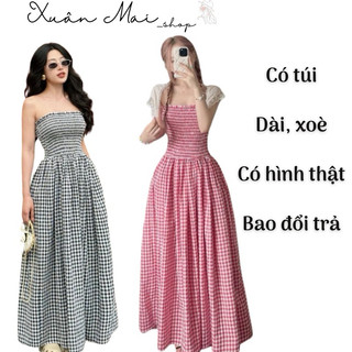 Đầm cúp ống maxi form xoè dài mocking chun ngực có túi caro đỏ đen mặc đi chơi đi biển xuanmaishop12