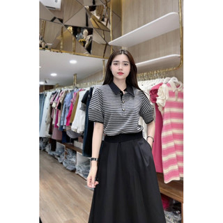 Set áo kẻ mix chân váy đen