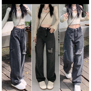 Quần Jeans Loang Rách Ống Rộng Nữ [FREESHIP] 🌸 Culottes jean dáng suông cạp cao màu  ĐEN Ulzzang HOT 🌸