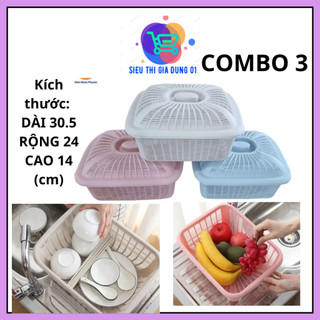 Combo 3 Rổ nhựa vuông có nắp Việt Nhật 3270, rổ nhựa đa năng đựng thực phẩm, trái cây tiện lợi
