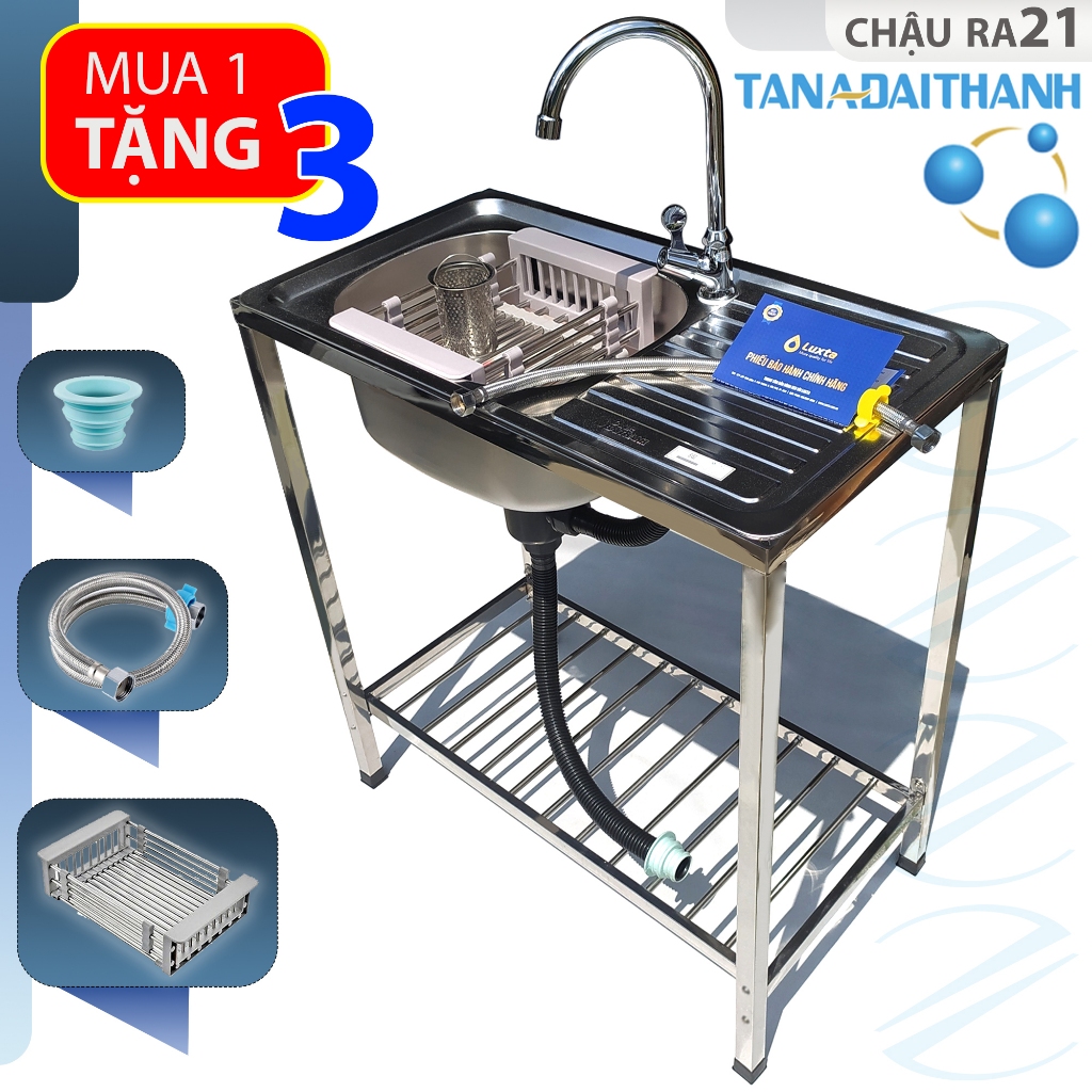 Bộ Chậu Rửa Chén Bát Inox 1 Hộc 1 Bàn Có Chân TÂN Á ĐẠI THÀNH Kèm Vòi Lạnh - Tặng rổ rút, dây cấp, đầu nối ống xả