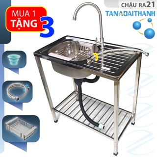 Bộ Chậu Rửa Chén Bát Inox 1 Hộc 1 Bàn Có Chân TÂN Á ĐẠI THÀNH Kèm Vòi Lạnh - Tặng rổ rút, dây cấp, đầu nối ống xả
