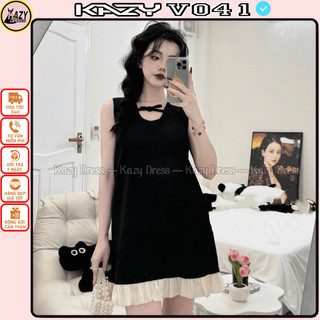 váy xuông cổ nơ pha chân váy tơ bèo tiểu thư, sang chảnh cho các nàng mặc đi chơi V041 KAZYDRESS
