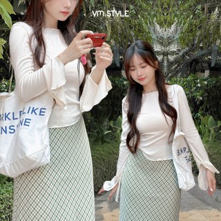 Áo kiểu tay dài nữ VMSTYLE form ôm ống tay loe trễ vai lai cuốn biên trơn đi học, đi chơi ATU00576