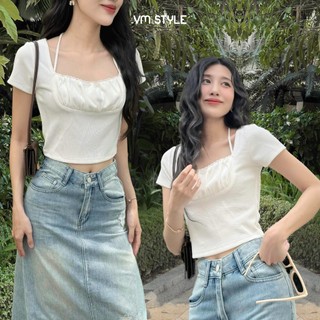 Áo kiểu nữ VMSTYLE croptop tay ngắn cổ U dây cổ ngực xếp ly đi học, đi chơi, đi biển ASU00506