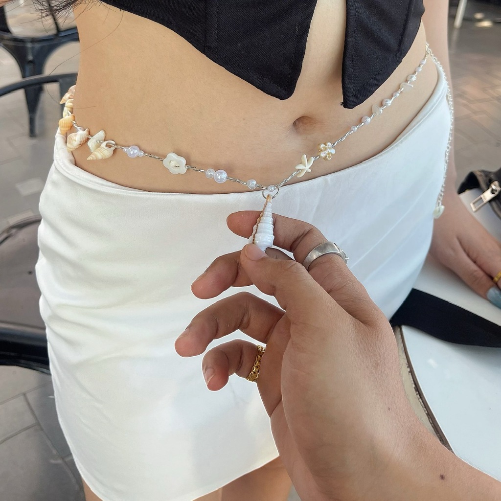Hoả Tốc Dây chuyền bụng / Dây eo Ốc Sò Đá đi biển LALA Belt QUEMEO mix lấp lánh có thể đeo cổ như vòng cổ dáng dài