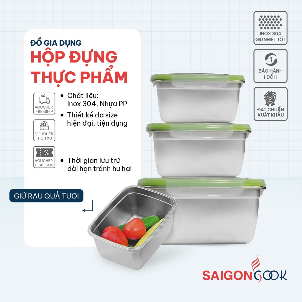 Hộp inox đựng thức ăn có nắp Saigoncook hộp bảo quản thực phẩm bằng inox 304 có nắp