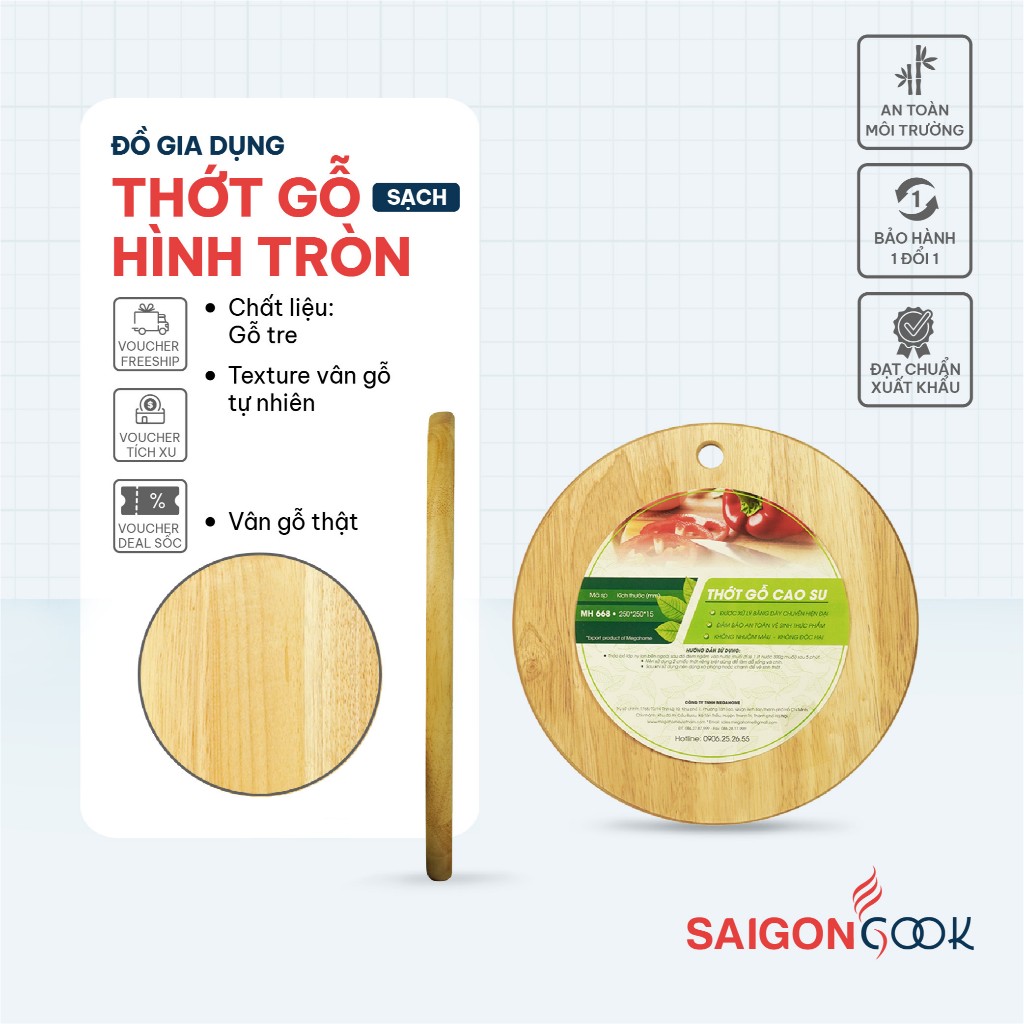 Thớt gỗ tròn Saigoncook, thớt gỗ cao su tự nhiên có lỗ treo tiện lợi, an toàn, kháng khuẩn
