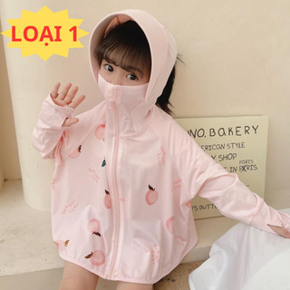 Áo chống nắng cho bé họa tiết quả đào, chất liệu 100% polyester mềm nhẹ thoáng mát chống tia uv có mũ trùm đầu CN2
