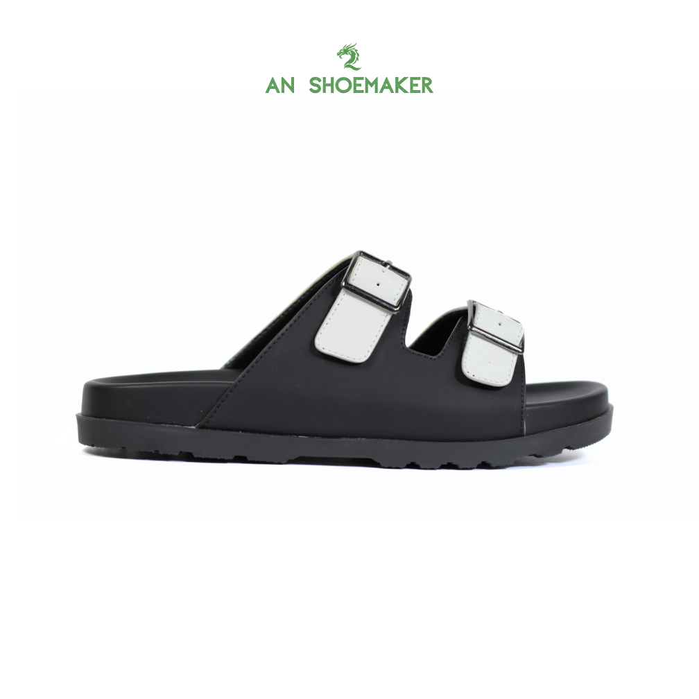 Dép nam AN SHOESMAKER kiểu dép 2 quai ngang đính khóa dép đế bằng da microfiber đế cao 3,5cm dùng đi biển đi chơi DAN02