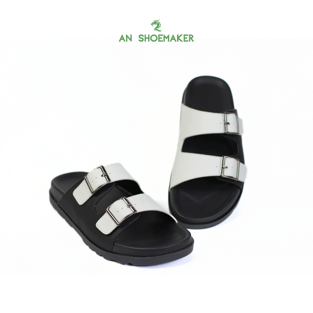 Dép nam AN SHOESMAKER kiểu dép 2 quai ngang đính khóa dép đế bằng da microfiber đế cao 3,5cm dùng đi biển đi chơi DAN02