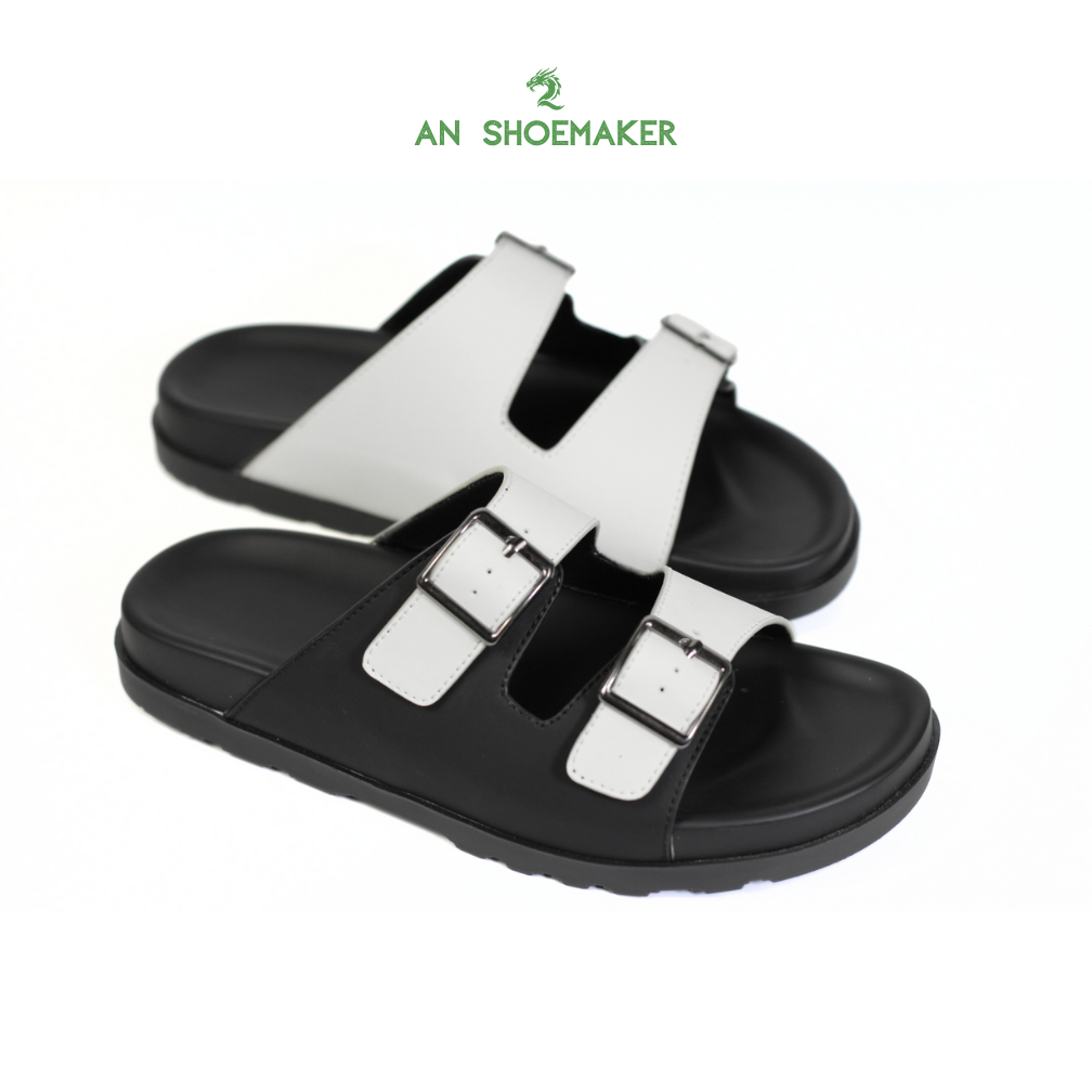 Dép nam AN SHOESMAKER kiểu dép 2 quai ngang đính khóa dép đế bằng da microfiber đế cao 3,5cm dùng đi biển đi chơi DAN02