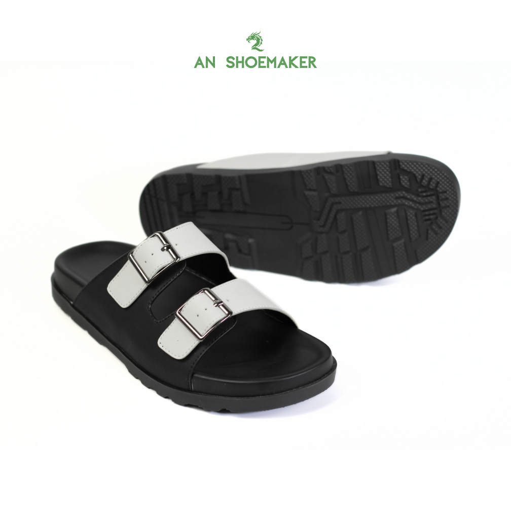 Dép nam AN SHOESMAKER kiểu dép 2 quai ngang đính khóa dép đế bằng da microfiber đế cao 3,5cm dùng đi biển đi chơi DAN02