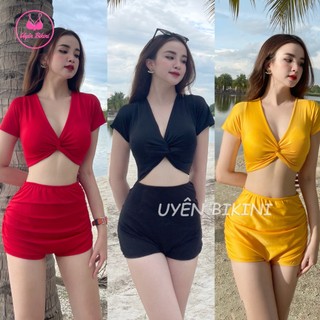 Đồ bơi nữ bikini hai mảnh cộc tay xoắn ngực phối quần đùi cạp cao đồ đi biển bikini kín đáo
