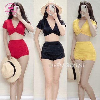 Đồ bơi nữ bikini hai mảnh cộc tay xoắn ngực phối quần đùi cạp cao đồ đi biển bikini kín đáo